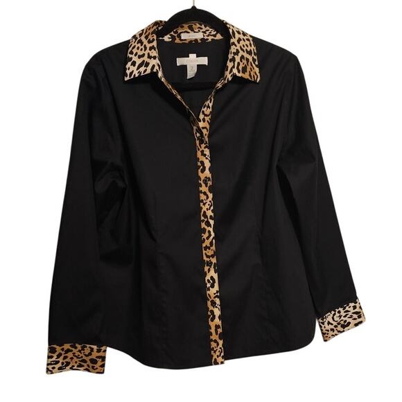 Chico’s Women’s Button Down Blouse – Size 2 (L) – Black with Leopard Trim - Picture 1 of 5